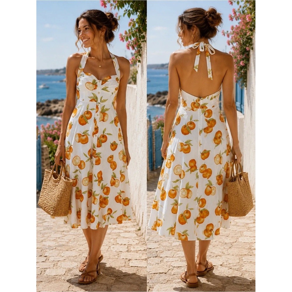 Zara Orange Citrus Fruit Print Linen‎ Blend Halter Maxi Dress 4387/223/615 Small